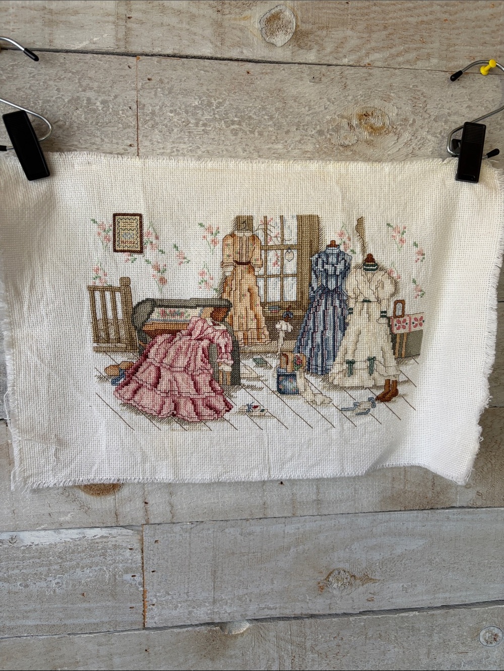 Handcrafted Cross Stitch Vintage Dressmaker’s Sewing Room Textile Art